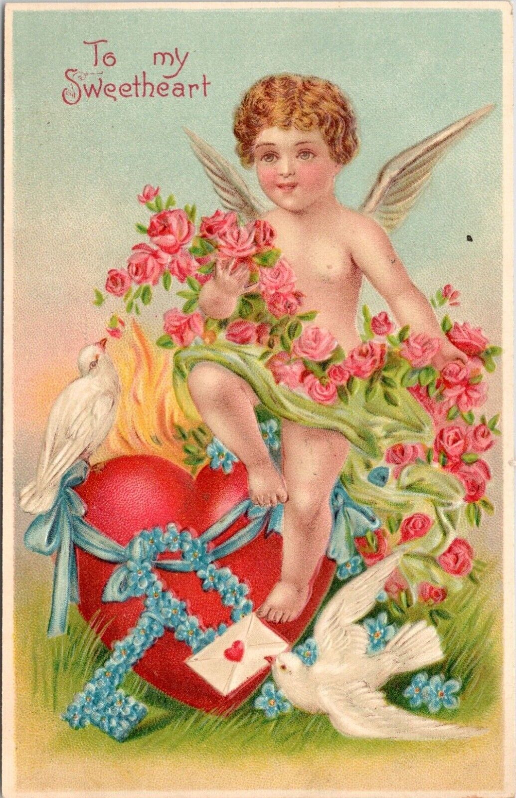 C.1910s Valentines Cupid Cherub Flaming Heart Pigeon MY SWEETHEART Postcard A224