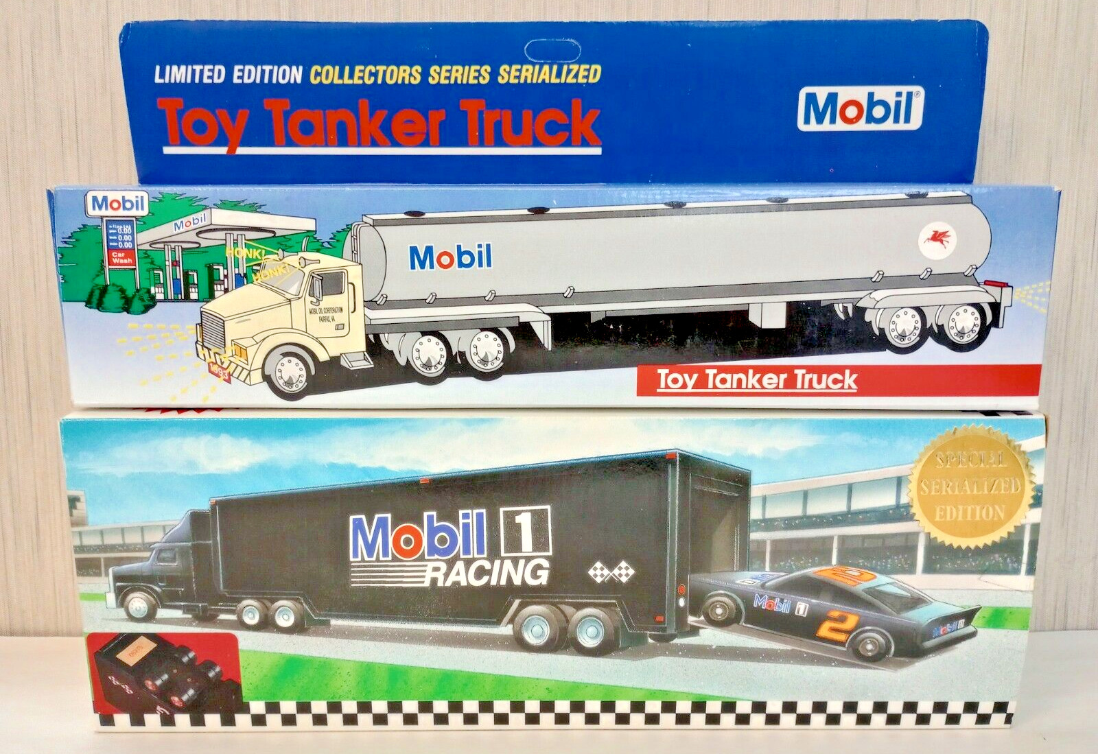 1994 MOBIL 1 RACING RACE CAR CARRIER (SERIALIZED EDITION) 1993 TOY TANKER TRUCK