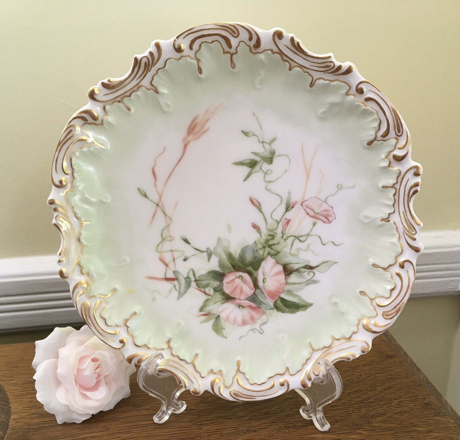 Antique c.1891 Coiffe Limoges Plate~Pink Morning Glories by Elite Works c.1896