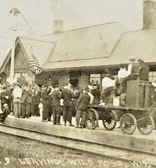 Rare 1920 RPPC Postcard Train Station Depot Wild Rose Wisconsin American Flag