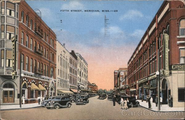 1936 Meridian,MS Fifth Street Kropp Lauderdale County Mississippi Linen Postcard