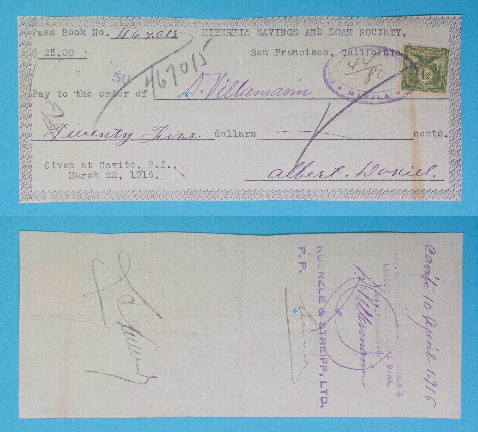1916 Philippines ~ Cavite P.I. $25 Check w/ 4 Centavos Stamp ~ 44/80