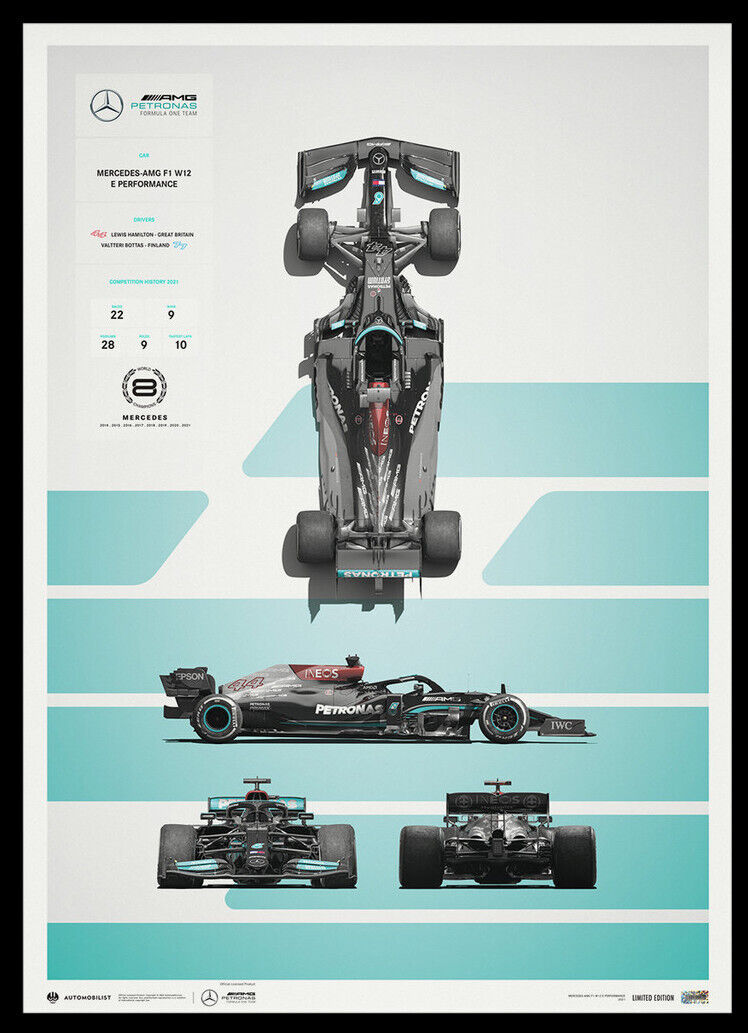 Mercedes-AMG Petronas W12 E Formula 1 F1 2021 Ltd Ed 200 Poster Hamilton Bottas