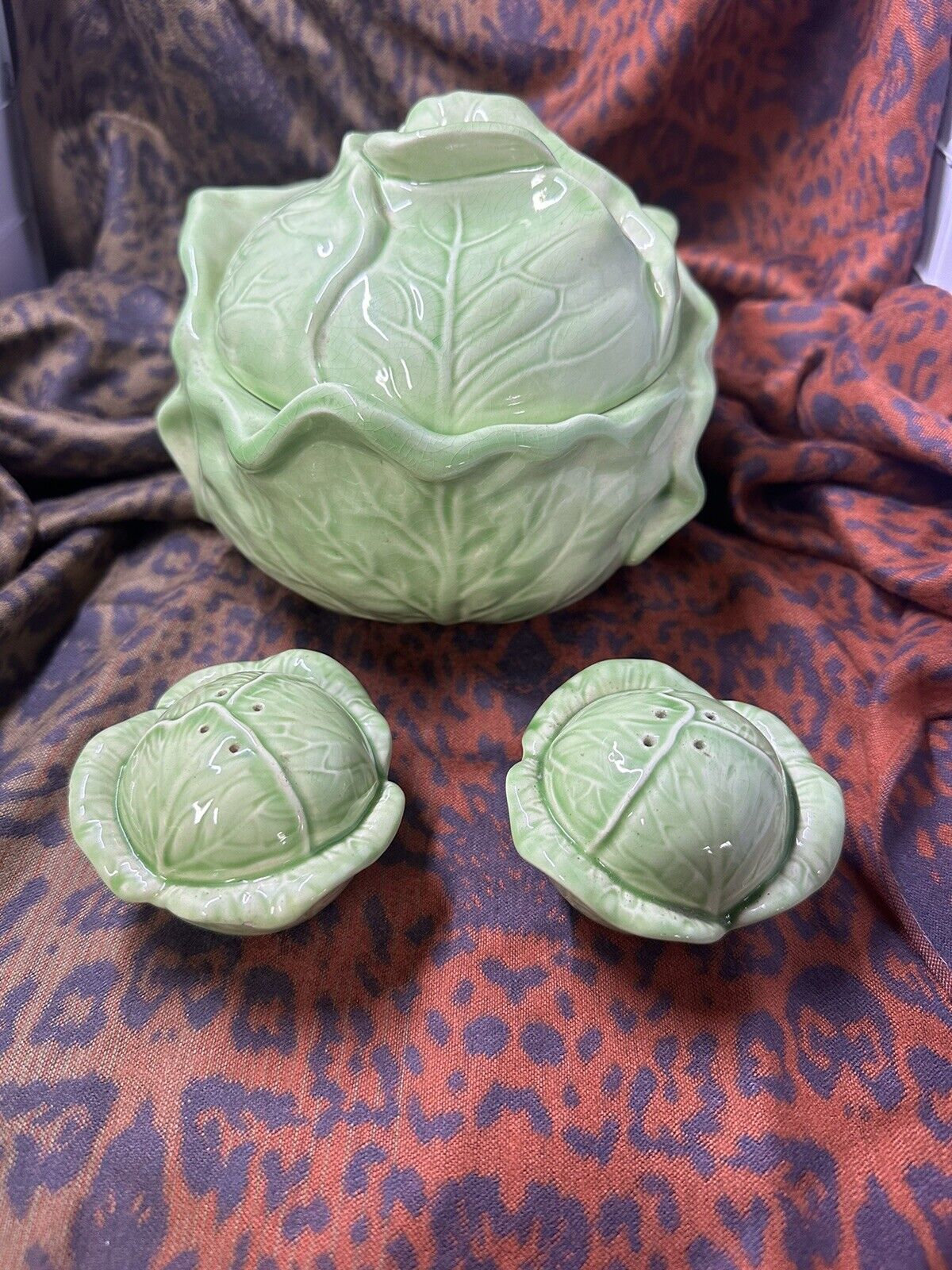 Vintage Holland Mold Green Cabbage/Lettuce Bowl, Lid, Plate, and Salt&Pepper