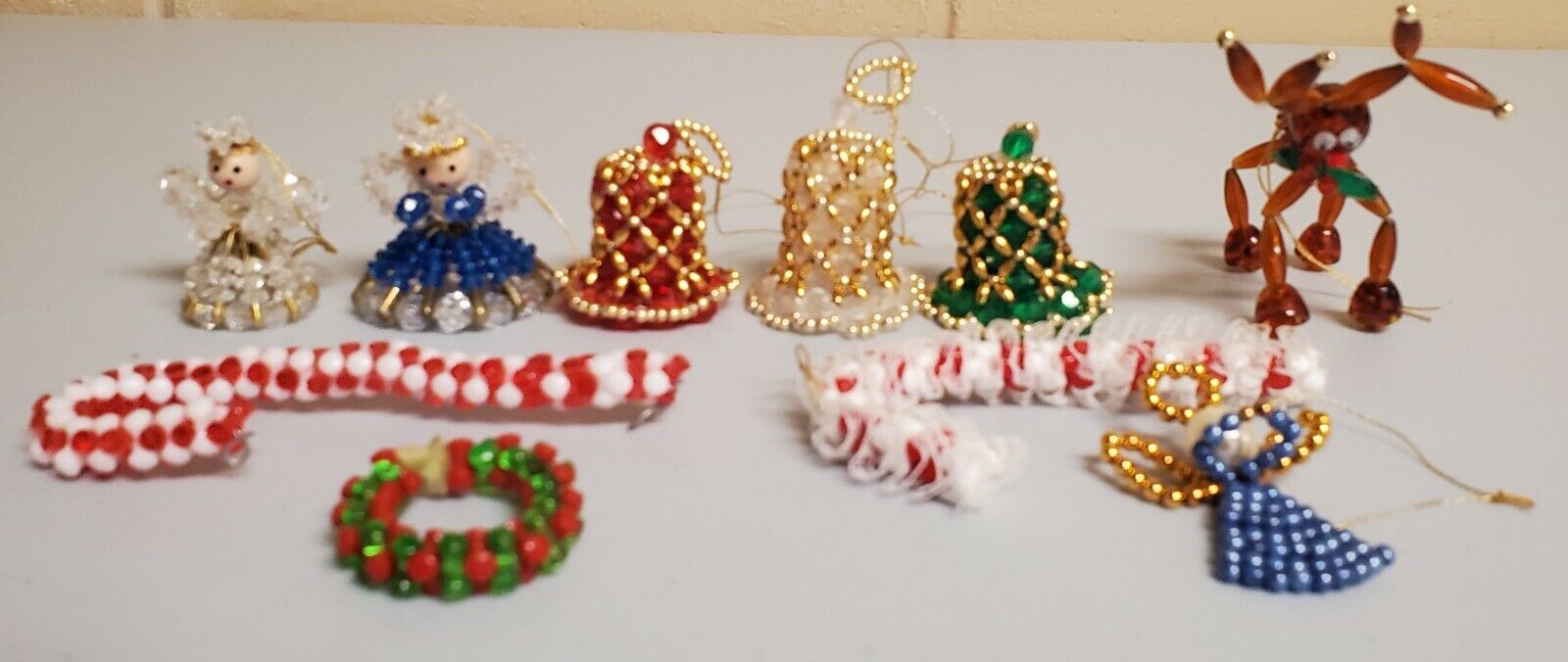 Vintage Lot Handmade Beaded Christmas Ornaments Bell Reindeer Angel Candy Cane
