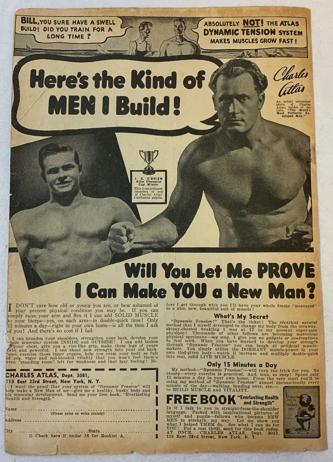 1943 CHARLES ATLAS ad ~ Here's The Kind Of Men I Build