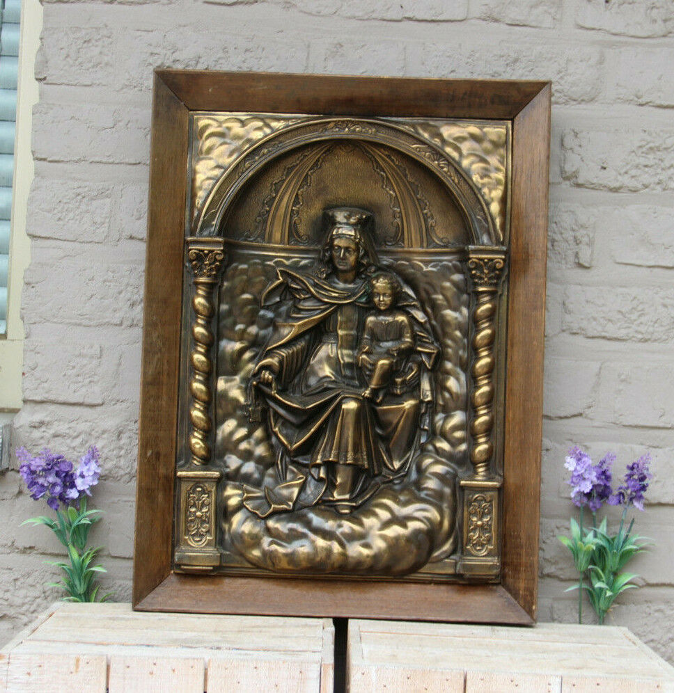Antique French copper embossed madonna child relief plaque  framed religious