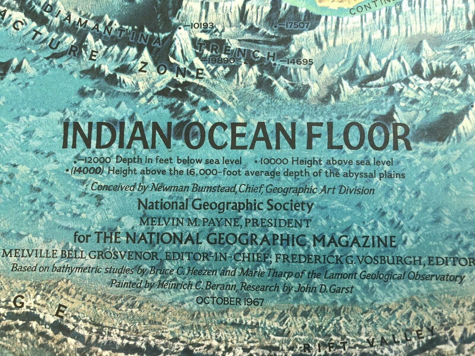 October 1967 National Geographic Vintage Original Map of INDIAN OCEAN FLOOR