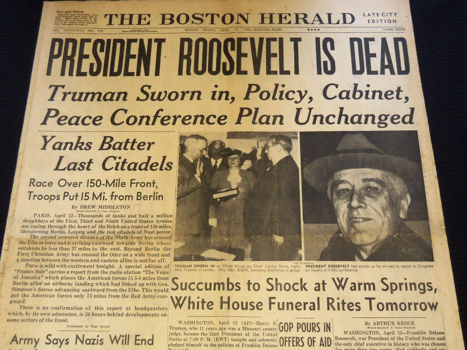 1945 APRIL 13 BOSTON HERALD NEWSPAPER - PRESIDENT ROOSEVELT IS DEAD - NT 9462
