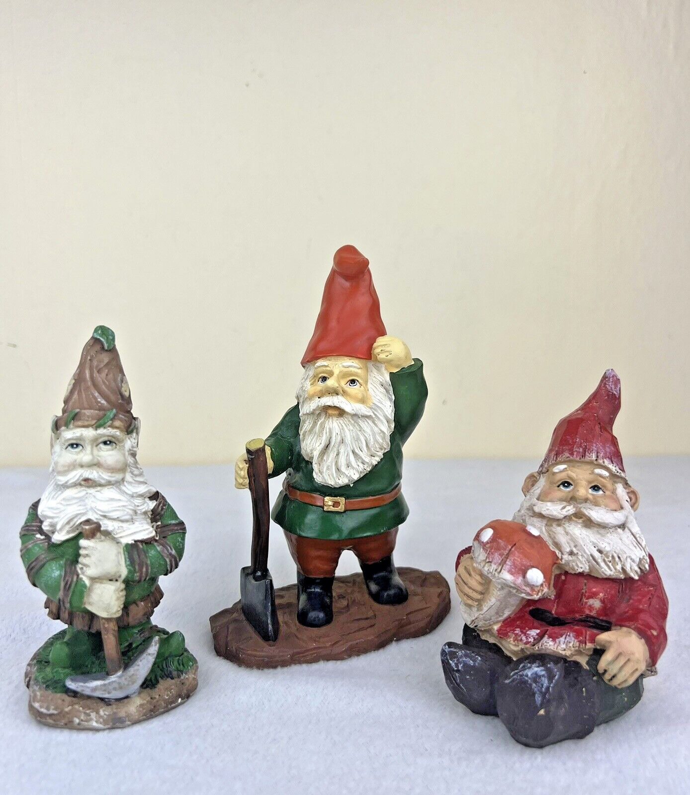 Lot Of 3 Vintage Resin Gnome Figurines Pointy Hats, Axes, Mushroom 6