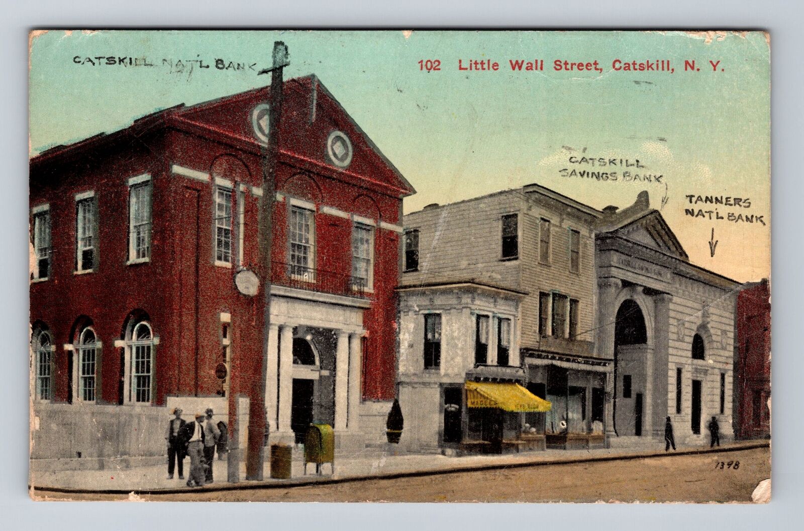 Catskill NY-New York, Little Wall Street, Banks, Vintage c1916 Postcard