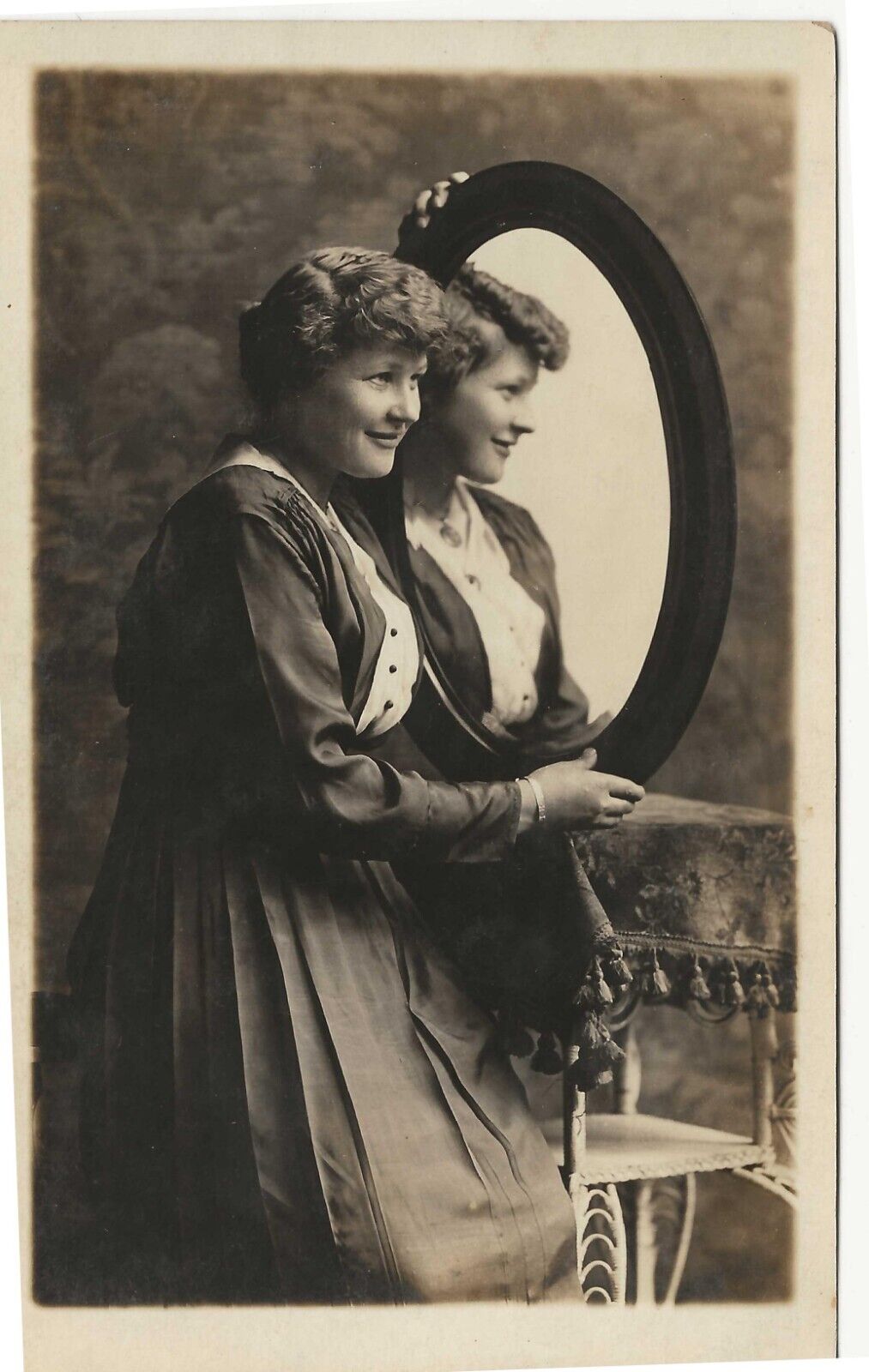RPPC Young Women in Studio Holding Mirror and Smiling c1910 Real Photo Postcard