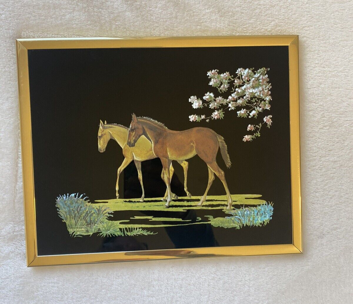 Vintage 1980s Kafka Industries Framed Horses Iridescent Foil Print 8x10 Equestri