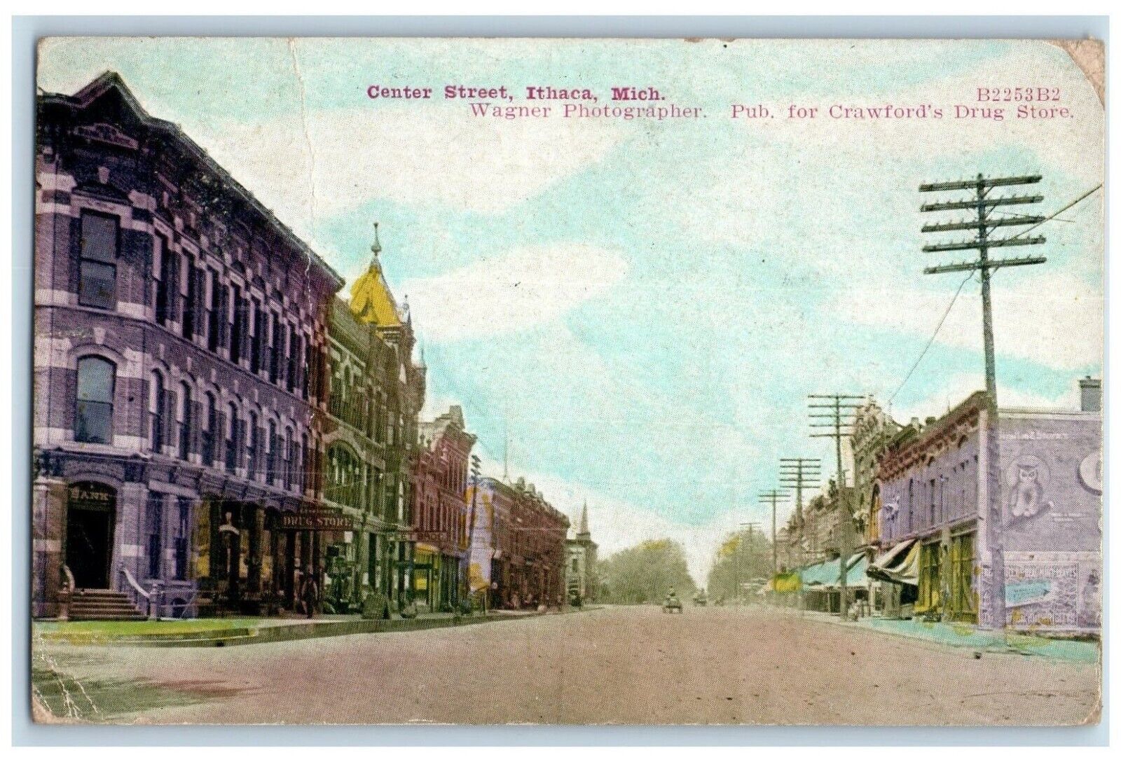 1912 Center Street Pub Crawfords Drug Store Exterior Ithaca Michigan MI Postcard