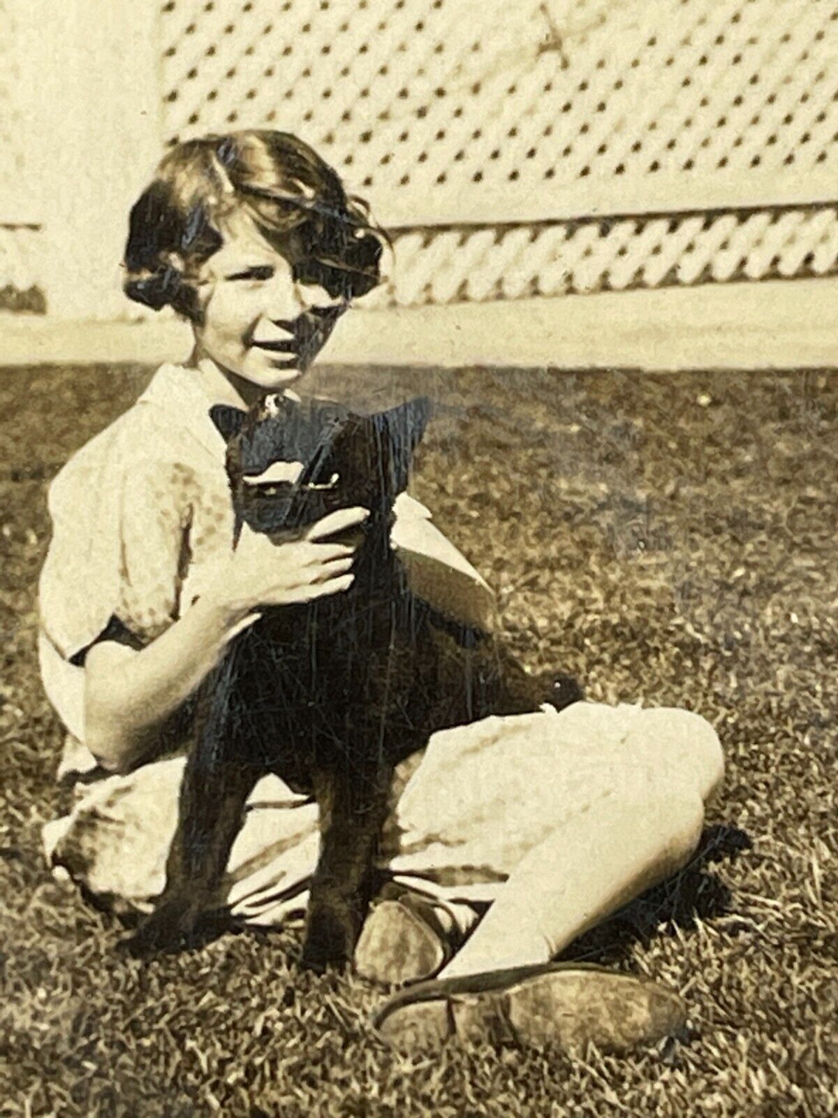NA Photograph Girl Holding Black Dog Puppy 1930-40's