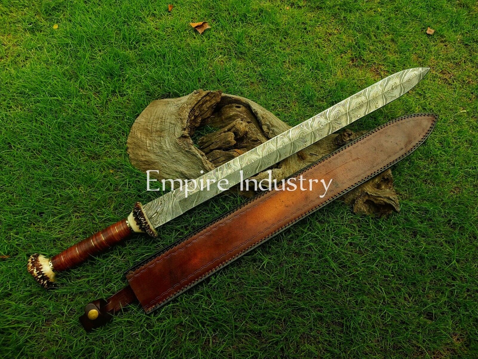 32 Inch Handmade Damascus Steel Medieval Sword Stag Horn Handle Viking Sword