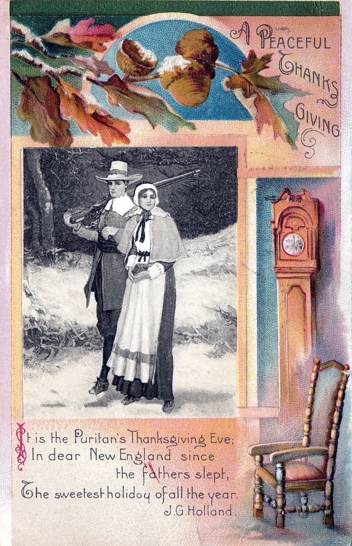 THANKSGIVING - Puritans, Acorns and Clock Poetic Peaceful Thanksgiving Postcard
