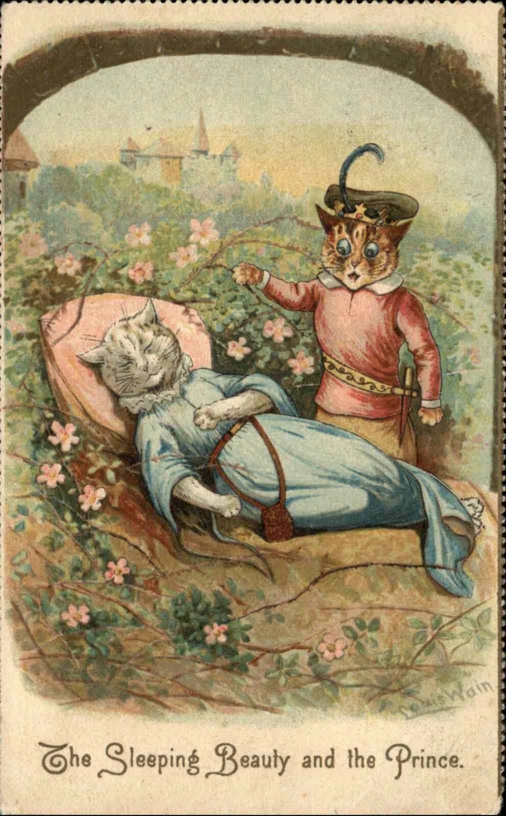 Fantasy Dressed Cats Sleeping Beauty Louis Wain Tuck #304 c1910 Postcard