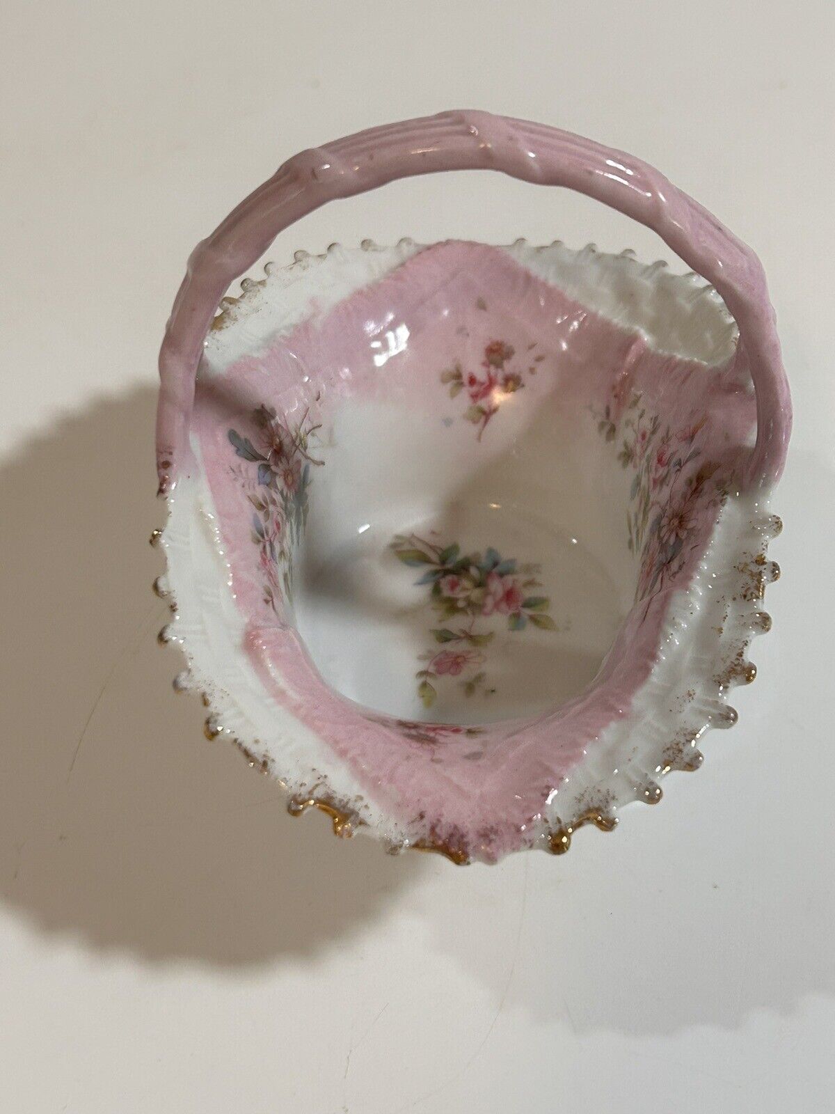 Delicate Lovely Vtg European Med. Sz Mini Basket. Pink, White Porcelain. VGC