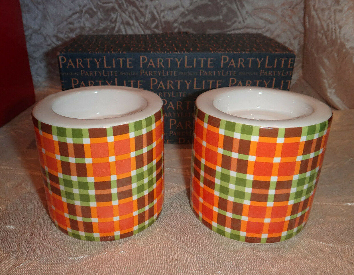Party lite Autumn Tartan Candle Holders Retired P3330