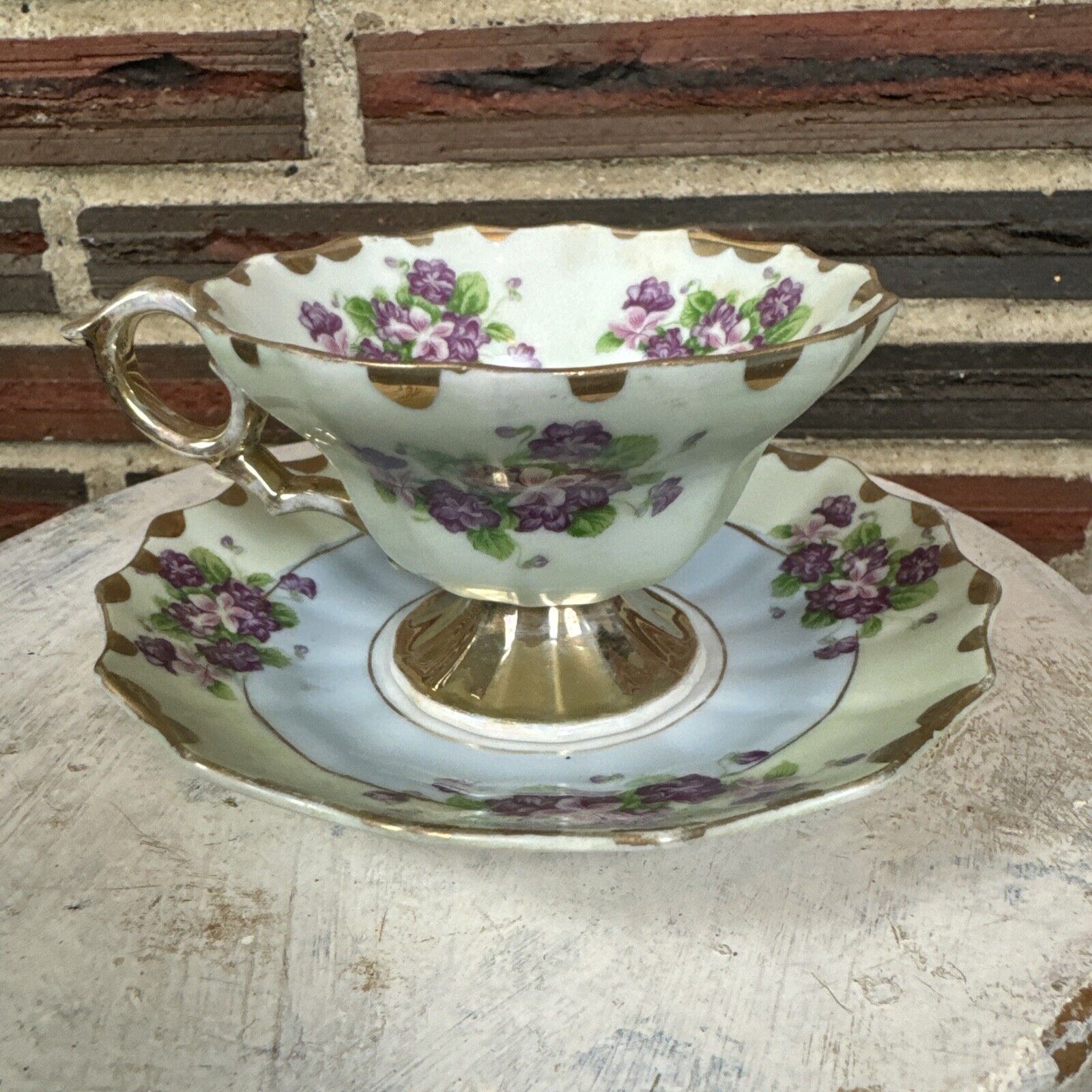 Vintage Lefton China Hand Painted Flowers Pedestal Tea Cup & Saucer Set Scallop