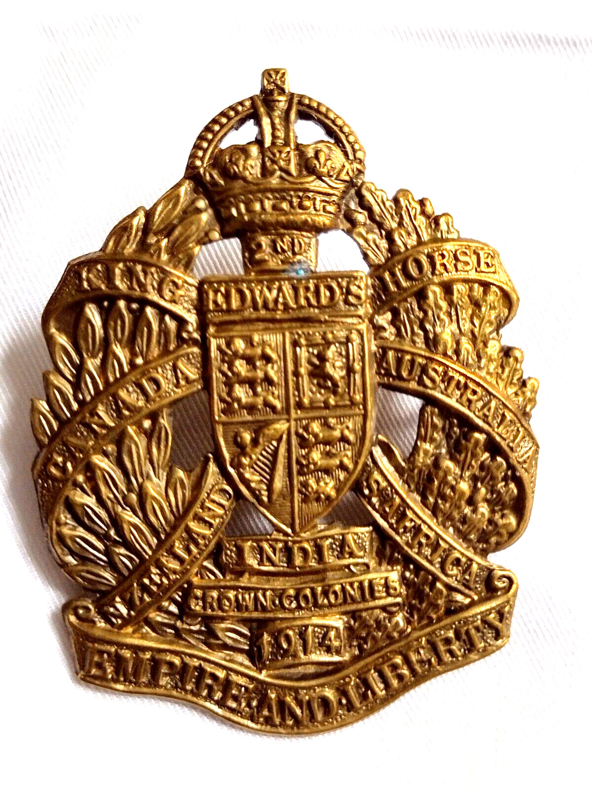 WW1 2nd King Edwards Horse Cap Badge KC Brass 1914 Era Slider 60mm Antique Org