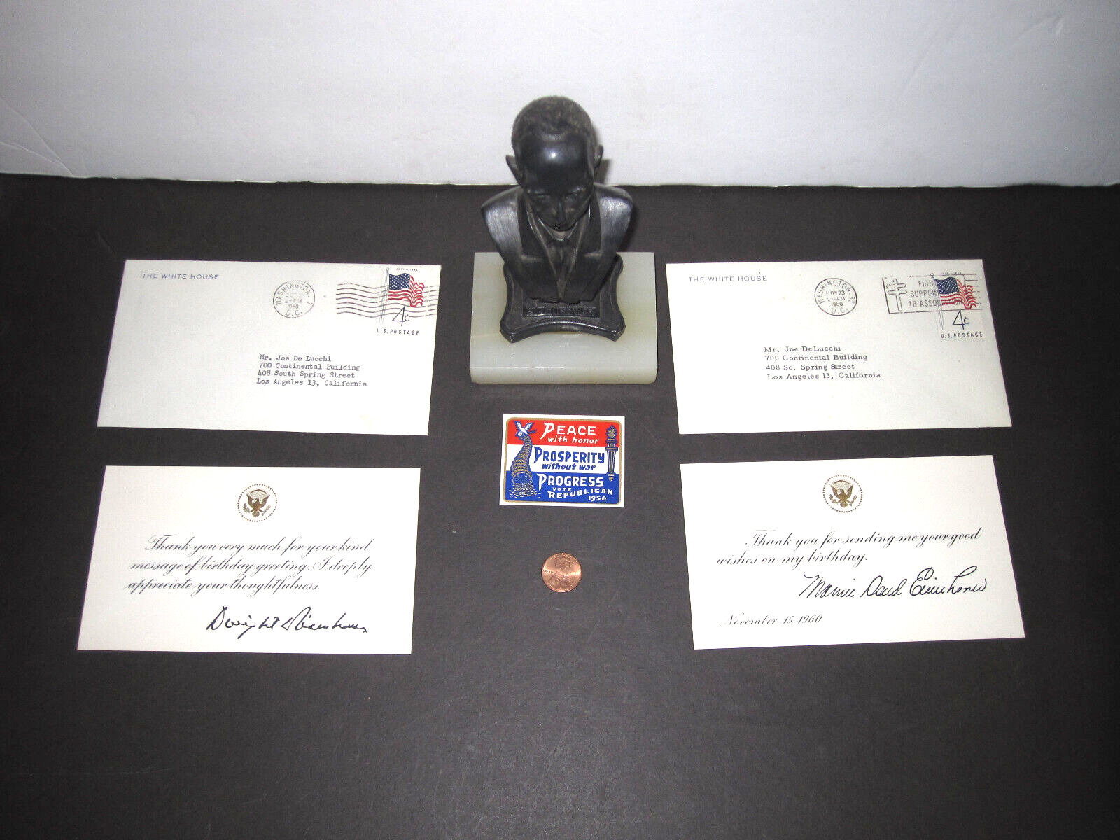 vTg 1956 Eisenhower President bust label & 2 birthday White House reply w/cover