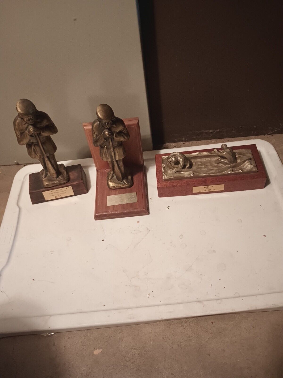 3 vintage 1970s METAL Wood CANOE  Trophies, CANOE AWARDs