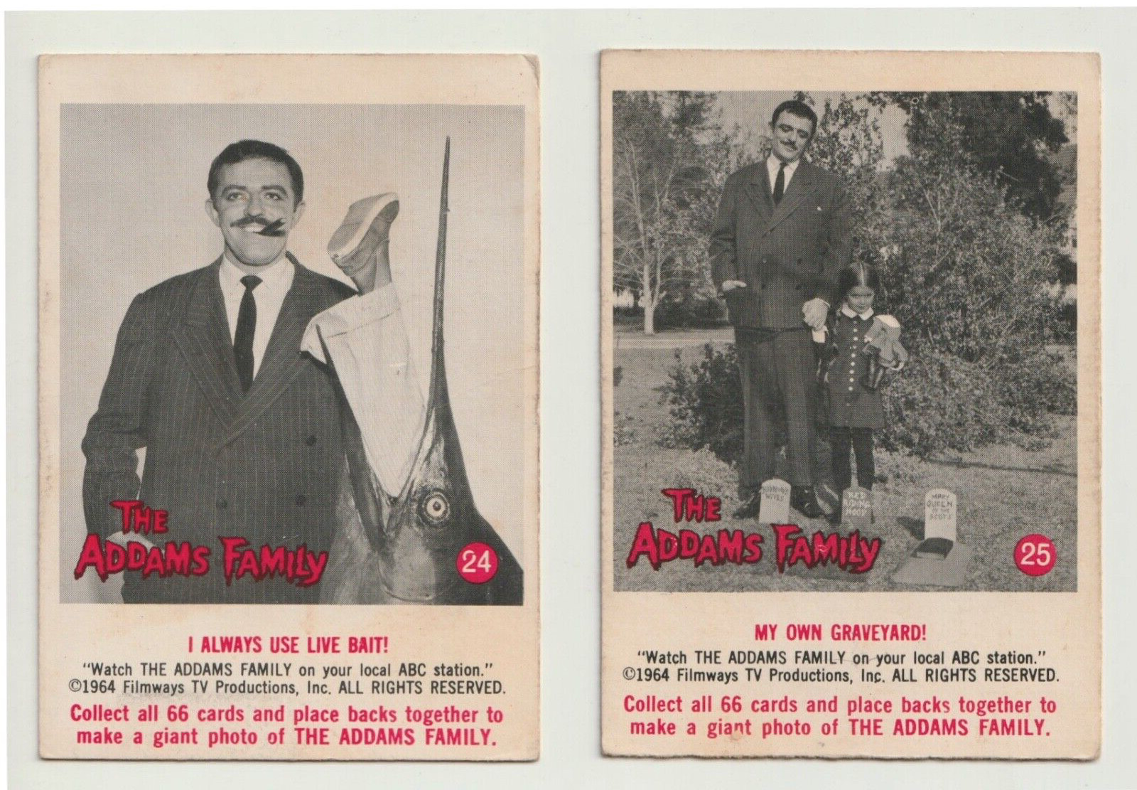 VINTAGE 1964 ADDAMS FAMILY TV SHOW SCANLENS DONRUSS TRADING CARDS 24 25 GOMEZ