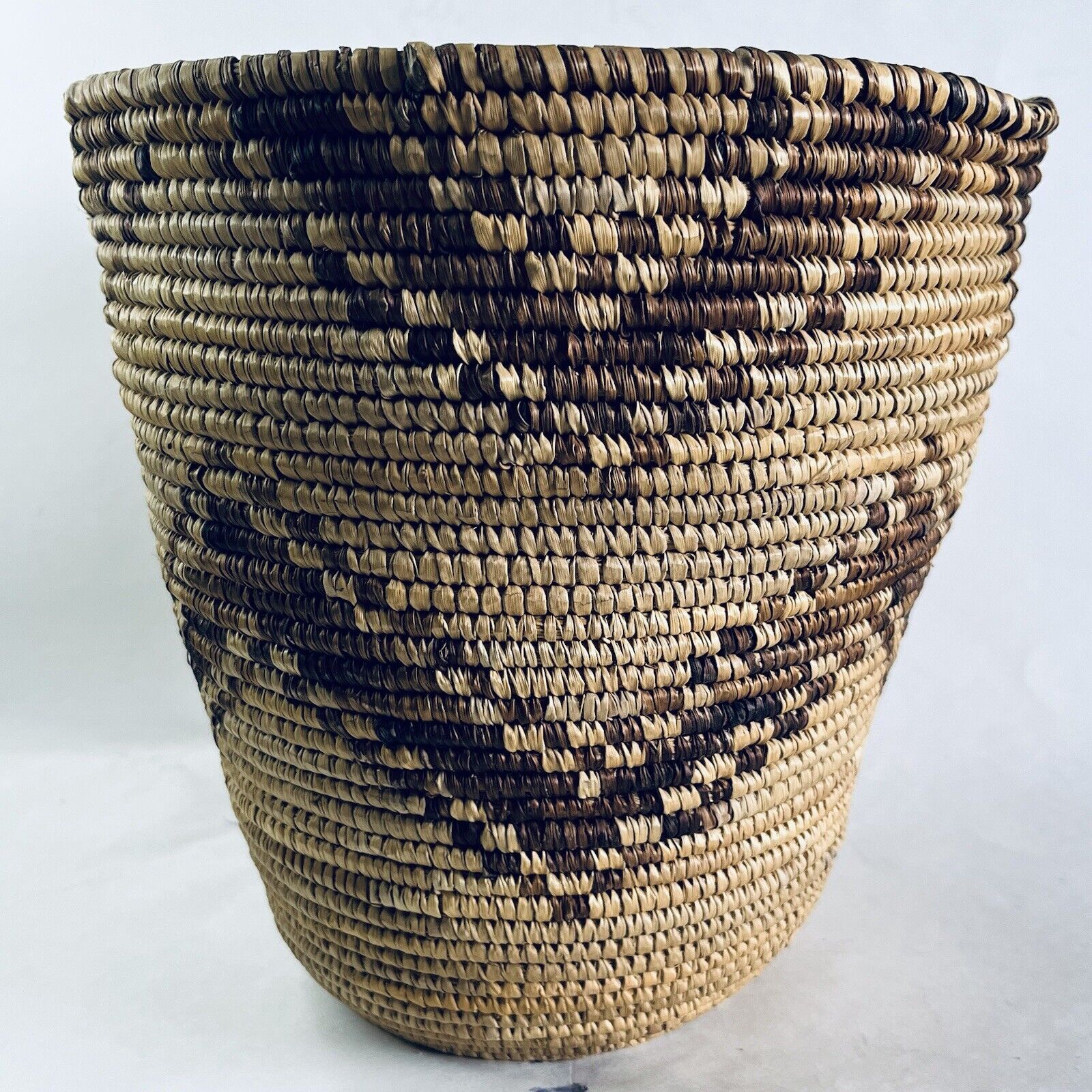 Vintage West African Hand Made Natural Rattan Woven Decorative Basket 8.5” Tall