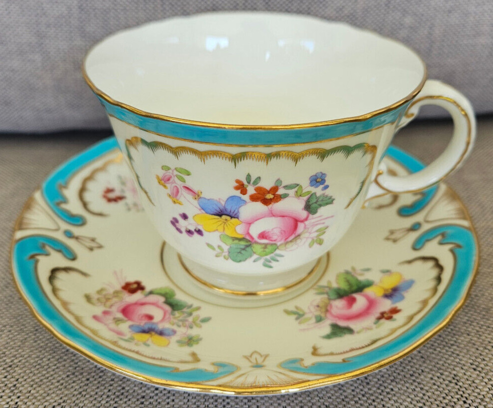 ANTIQUE MINTON TURQUOISE RAISED ENAMEL JEWELED GOLD FLORAL TEACUP AND SAUCER SET