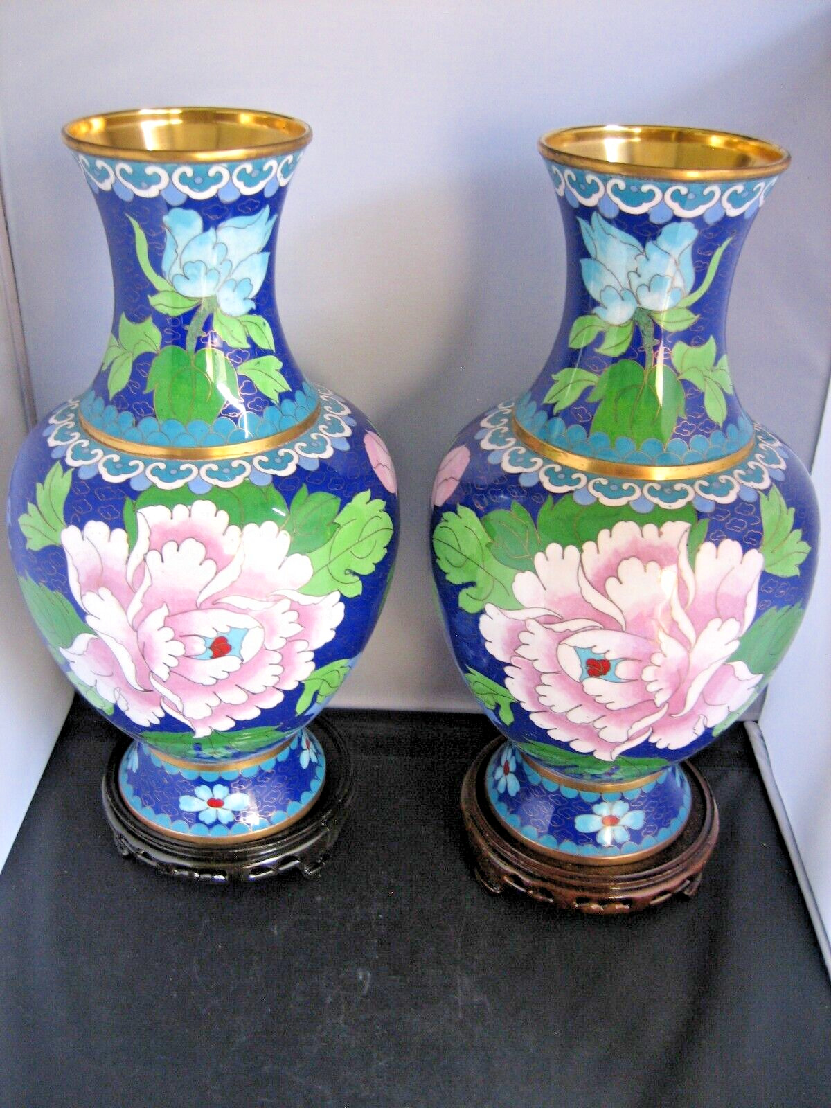 Pair large vintage Chinese hand made copper cloisonné enamel vases and stands