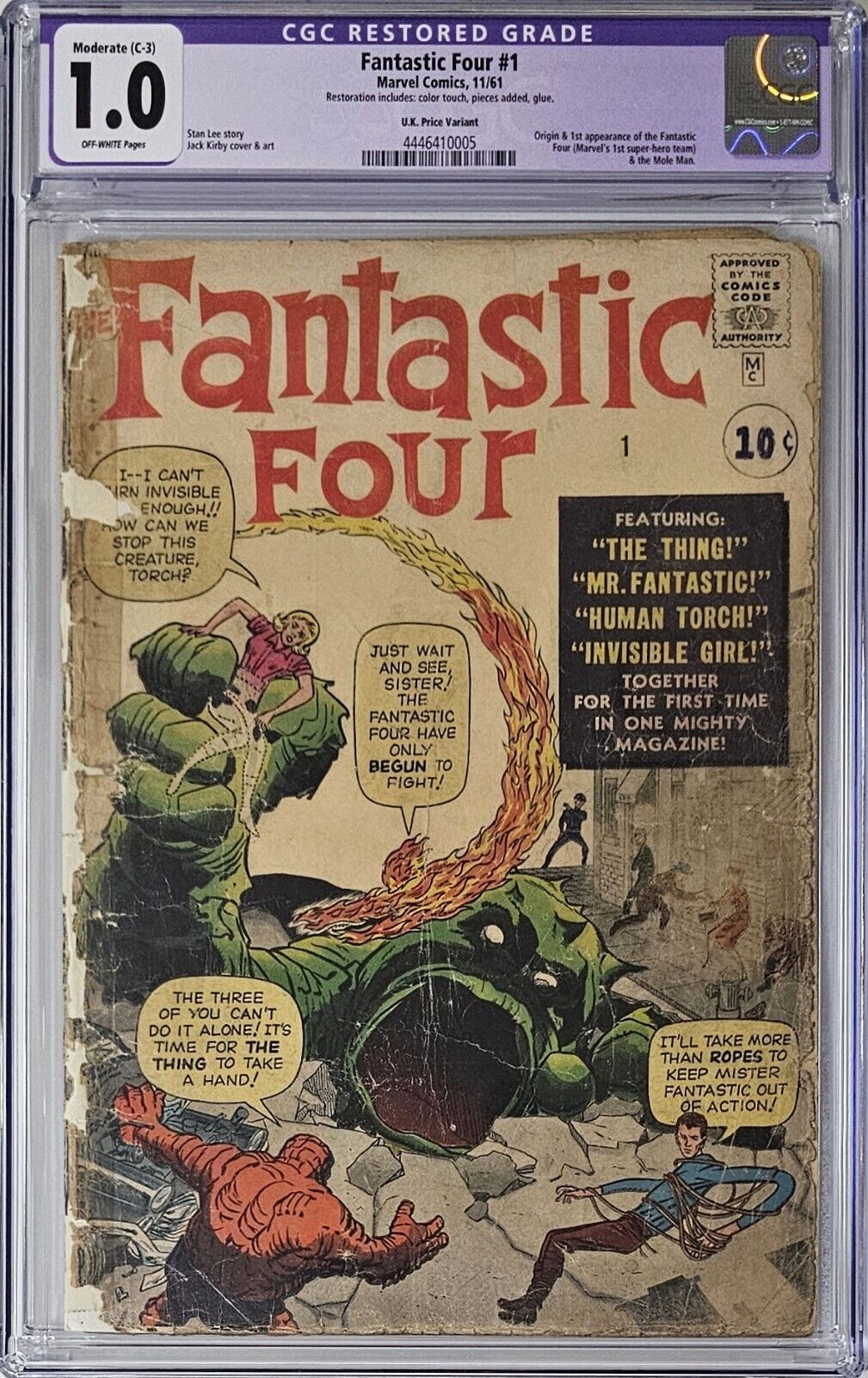 Fantastic Four #1 CGC 1.0 Marvel Comics 1961 C-3 Restored U.K. Price Variant 