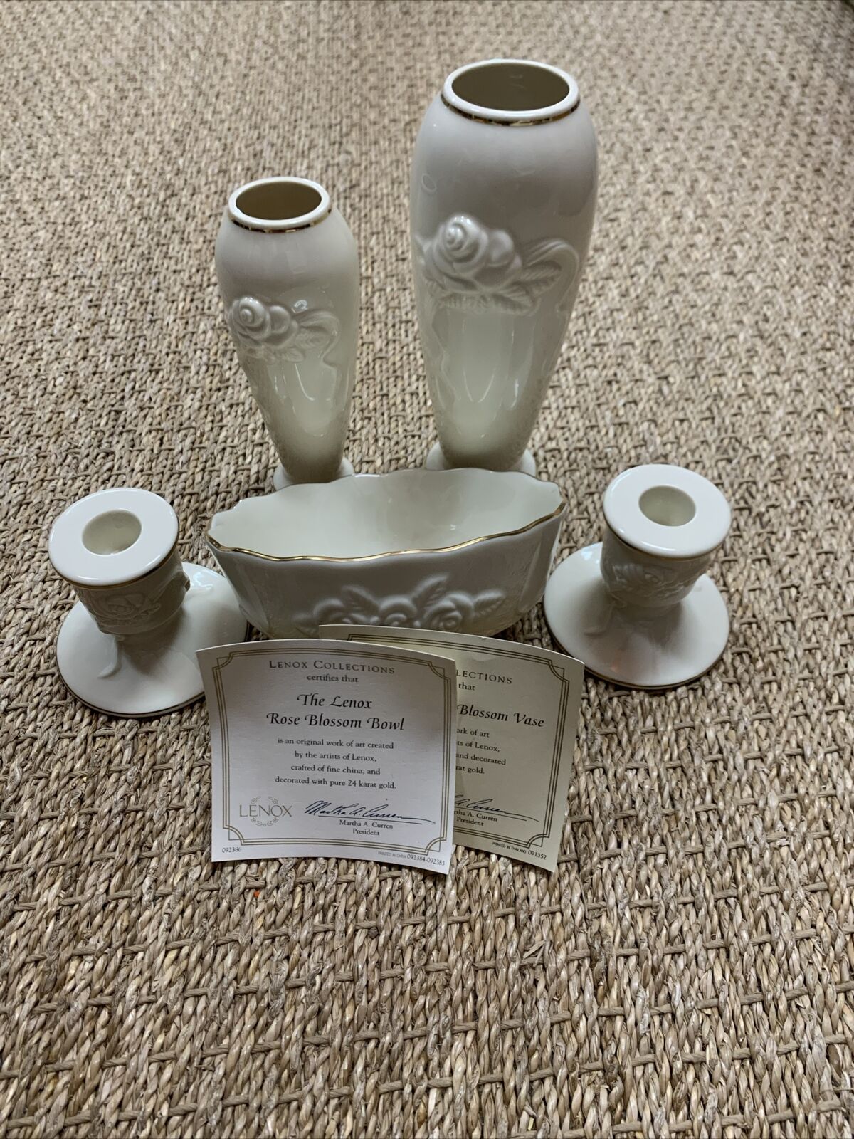 5pc Vtg Lenox Ivory/24k Embossed Rose Blossom Set. Candle Holders,vases & Bowl