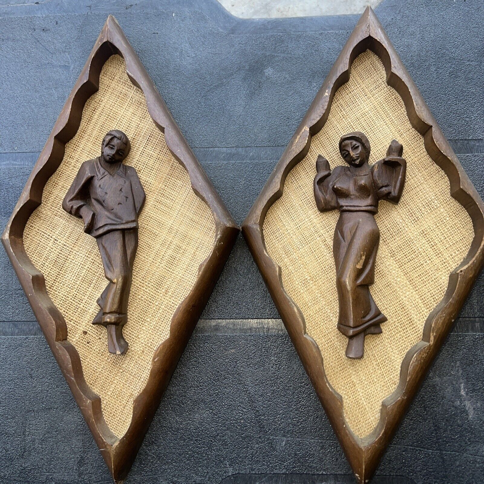Vintage MCM Teak wood hand carved wall plaques triangle Man And Woman Dancing