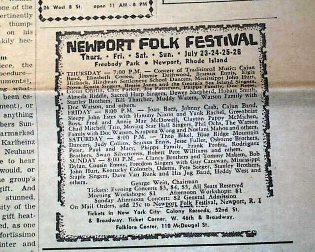 Early NEWPORT FOLK Music FESTIVAL w/ Bob Dylan - Joan Baez & More 1963 Newspaper