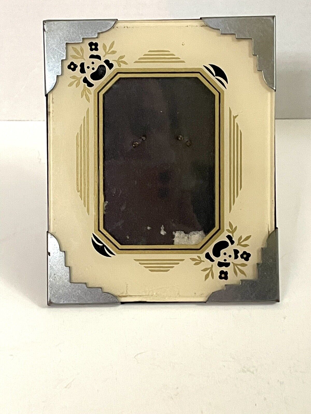 Vtg Art Deco 3x4 in. Picture Frame Reverse Painted w/Gold & Black Accents