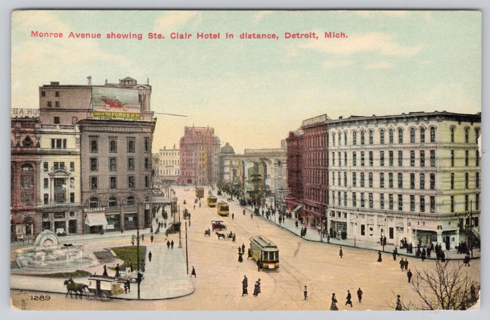 Monroe Avenue Showing St. Clair Hotel in Distance Detroit 1910 Vintage Postcard