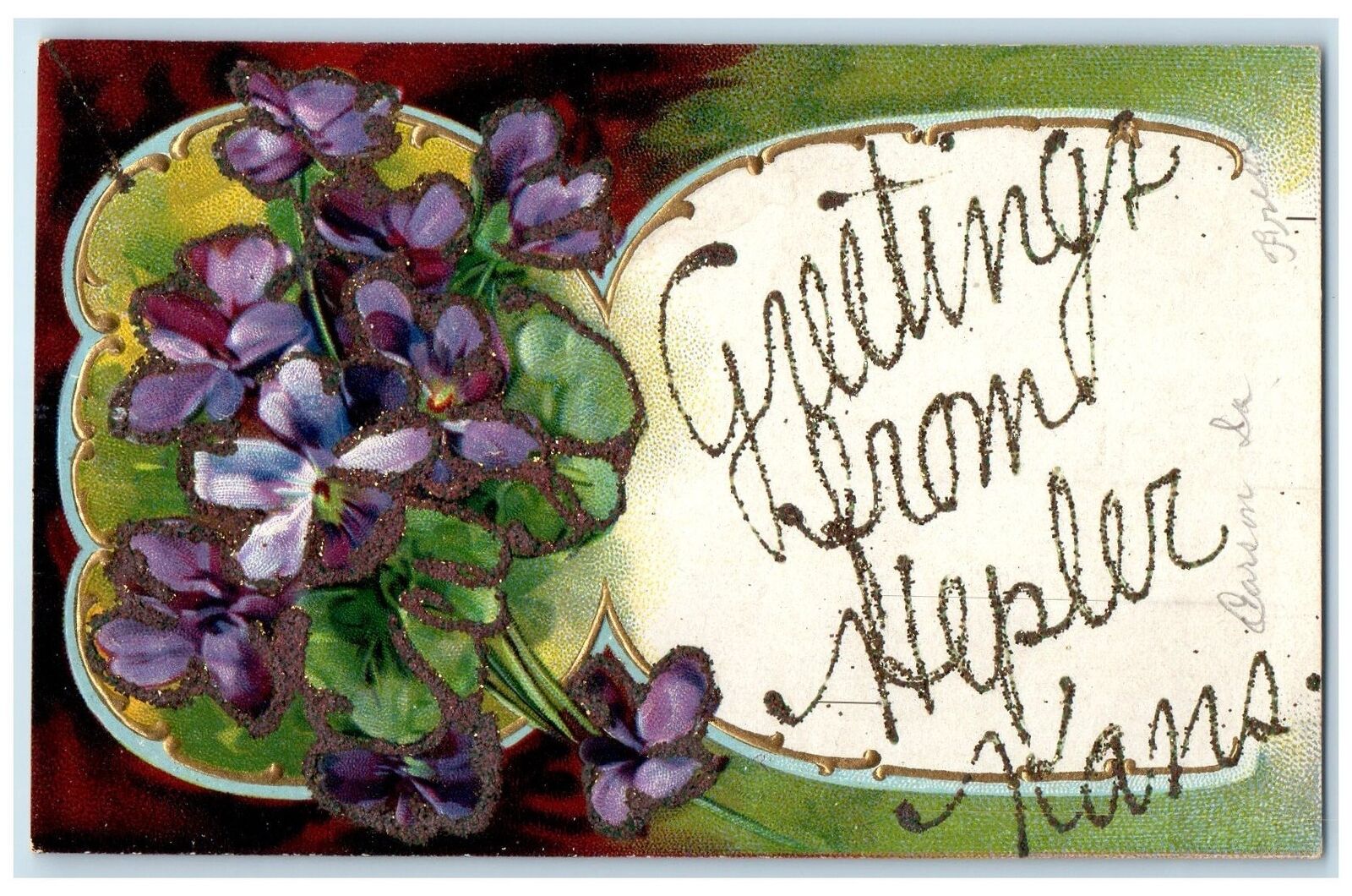 c1920s Greetings From Hepler Kansas KS Unposted Embossed Flowers Leaves Postcard