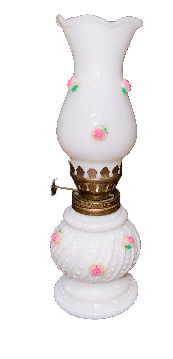 Vintage Floral Oil Lamp in Victorian Milk Glass Made in Hong Kong