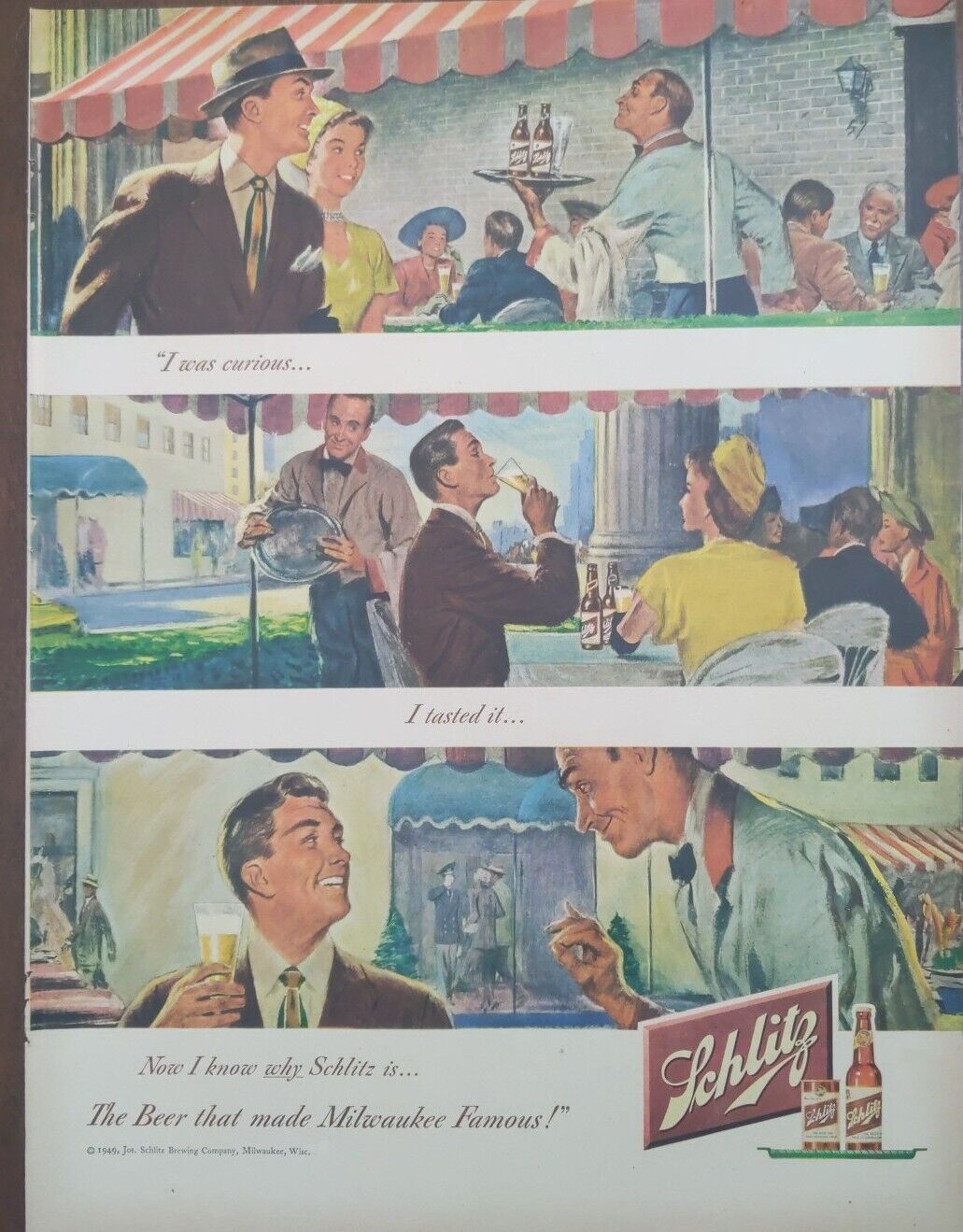 1949 vintage Schlitz beer ad. the beer that made Milwaukee famous, retro art