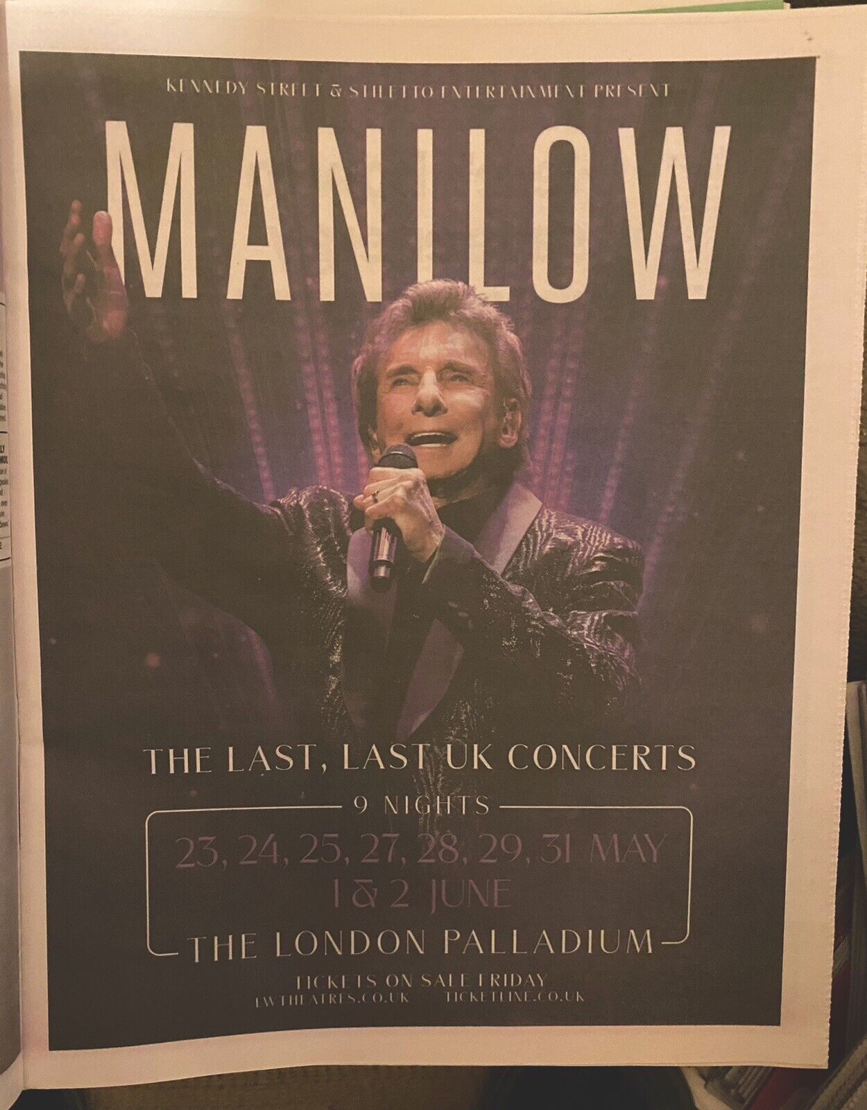 Barry Manilow Tour Dates Ad Last Shows Newspaper Advert Poster Full Page 14x11”