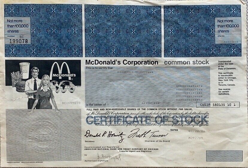 McDonald\'s Corp. - Stock Certificate -  Stocks & Bonds