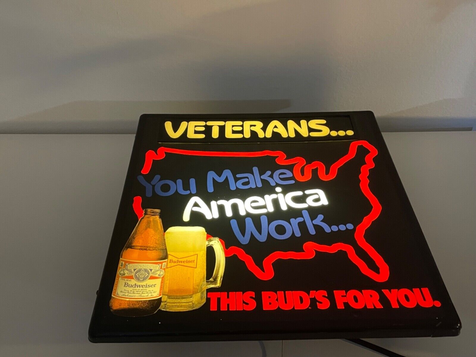 Vintage Budweiser Lighted Sign | VETERANS You Make America Work | Anheuser Busch