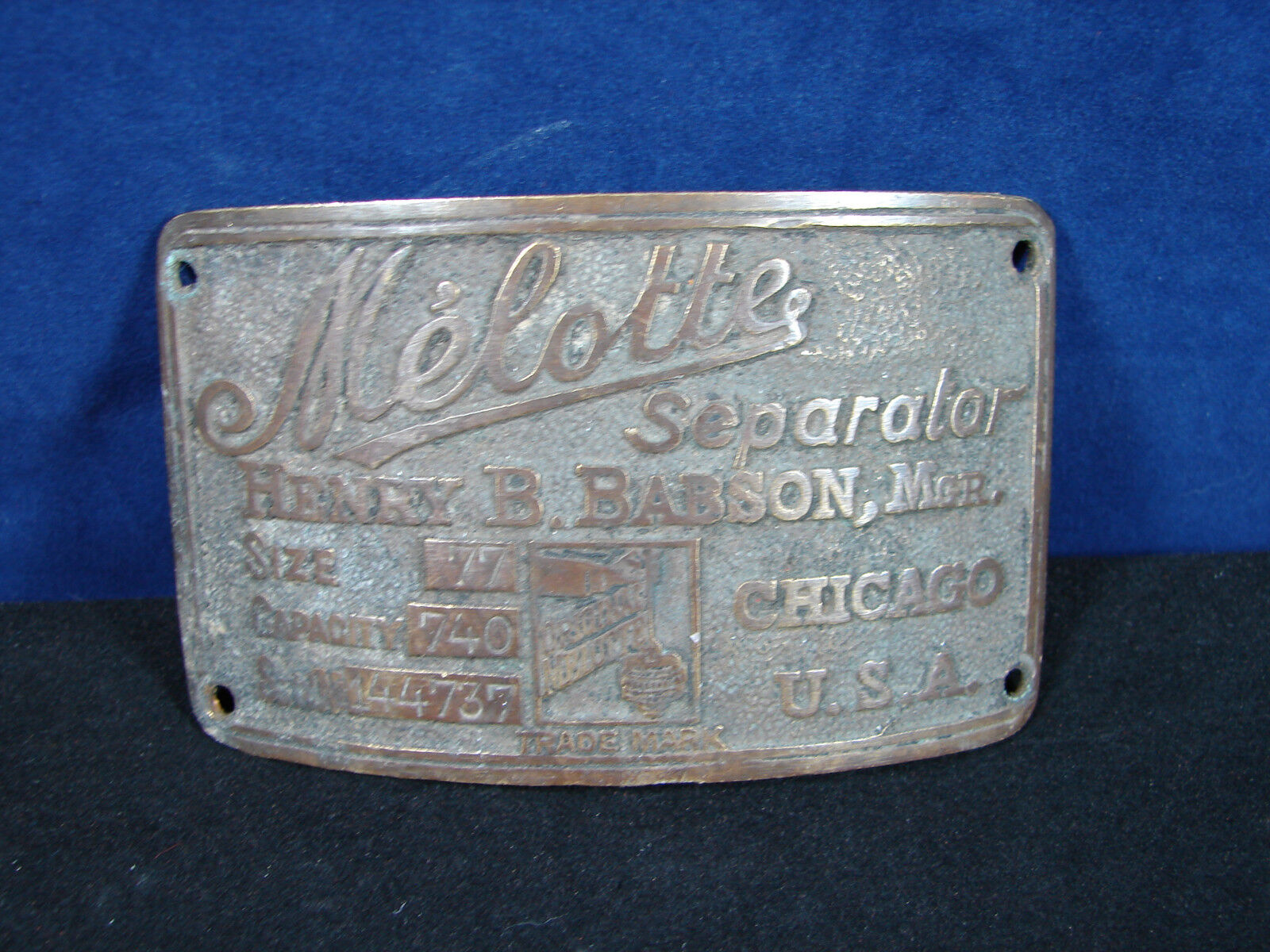 VINTAGE MELOTTE SEPARATOR Henry B. Babson, Mgr. BRASS TAG Chicago, USA RARE OLD