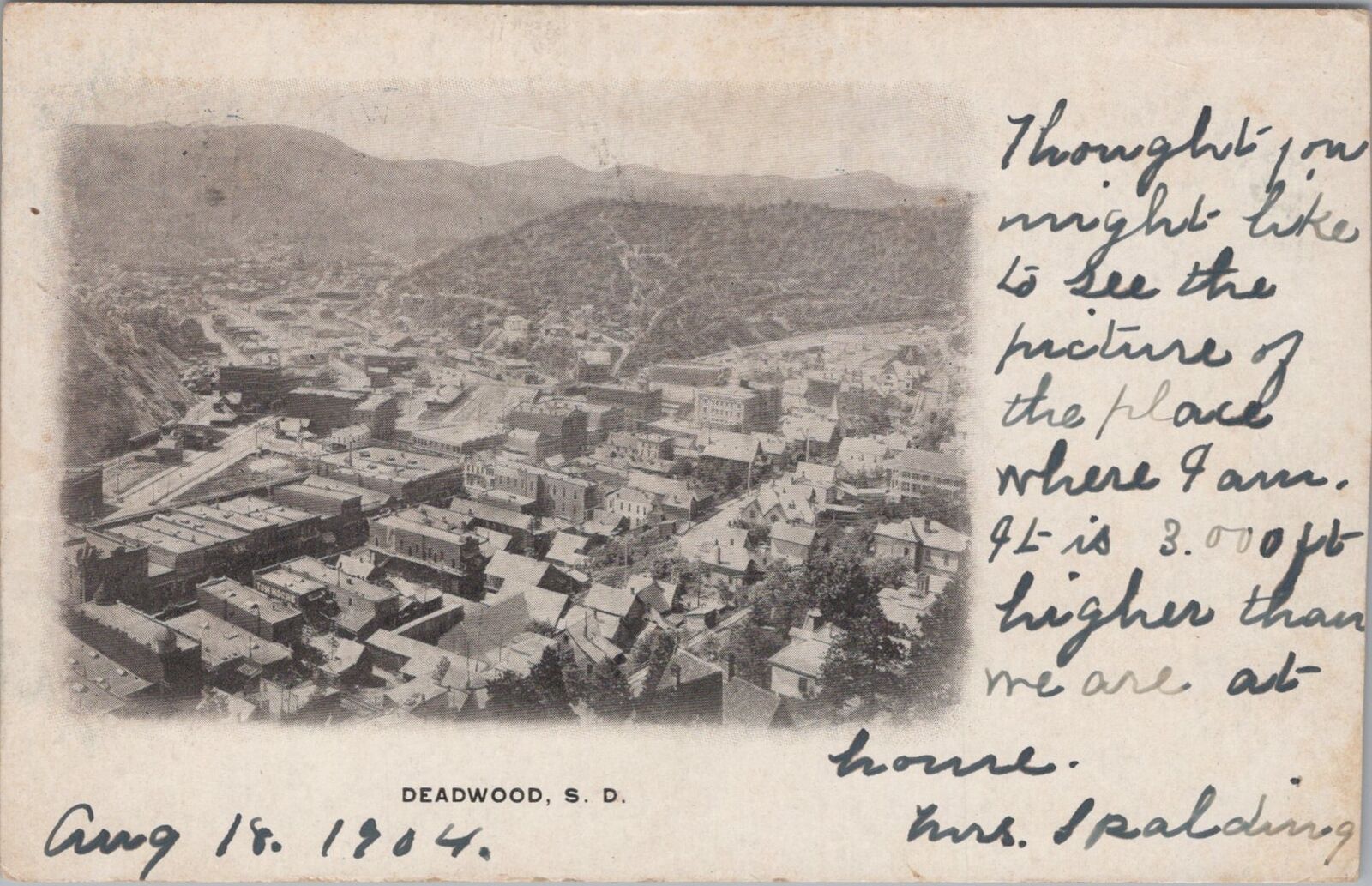 Bird's Eye View Deadwood, South Dakota 1904 RPO PM Postcard
