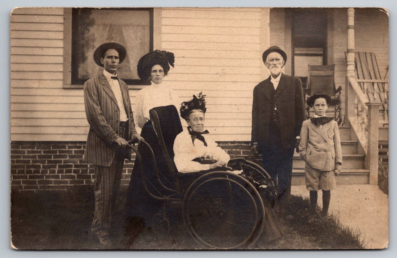 Dressed Up Family. Women In Wheelchair. Real Photo Postcard RPPC Burned To Death
