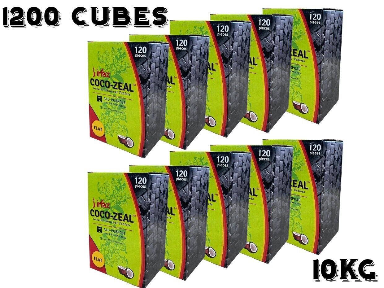 10kg Pack Coco Zeal Natural Coconut 1200 Cubes Hookah Charcoal Shisha Coal Flat