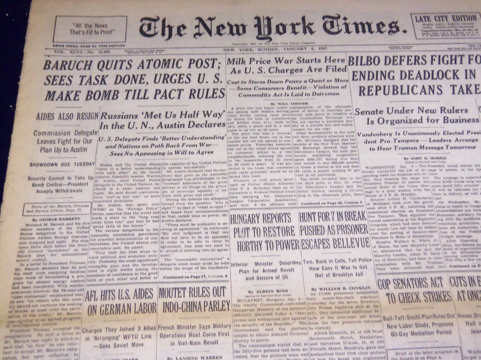 1947 JANUARY 5 NEW YORK TIMES - BARUCH QUITS ATOMIC POST - NT 2767