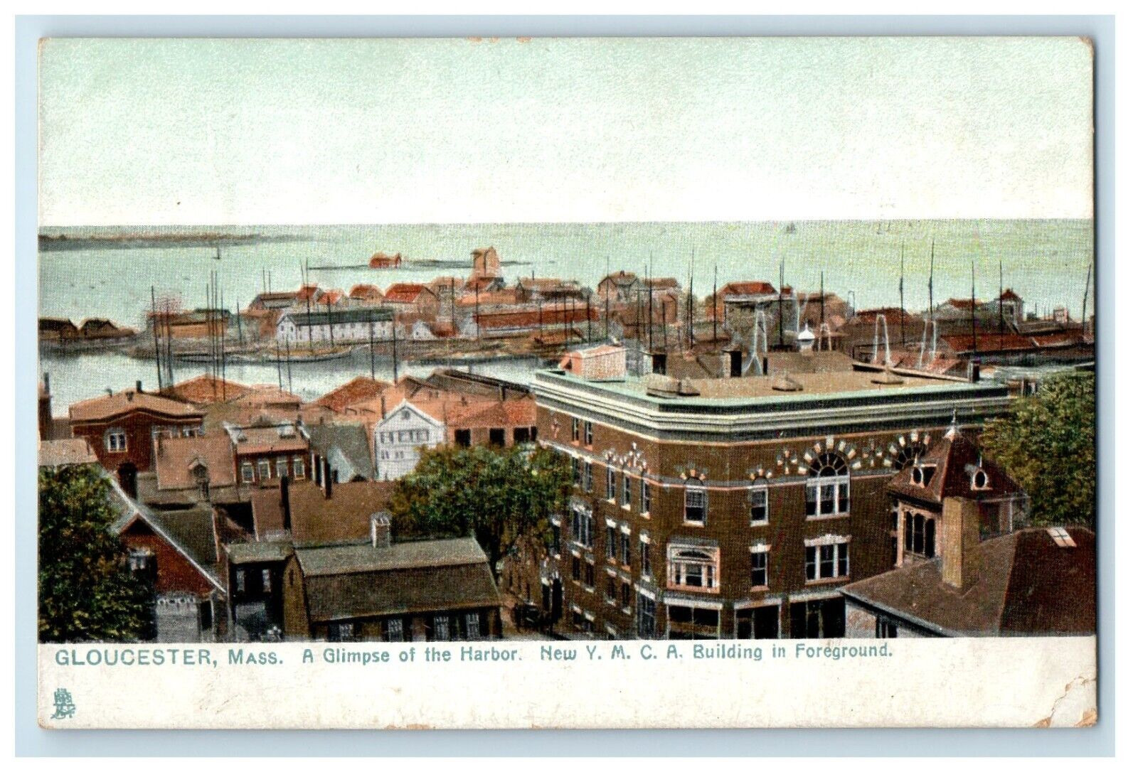 c1910\'s Gloucester MA, Glimpse Harbor New Y.M.C.A Building Tuck\'s Postcard